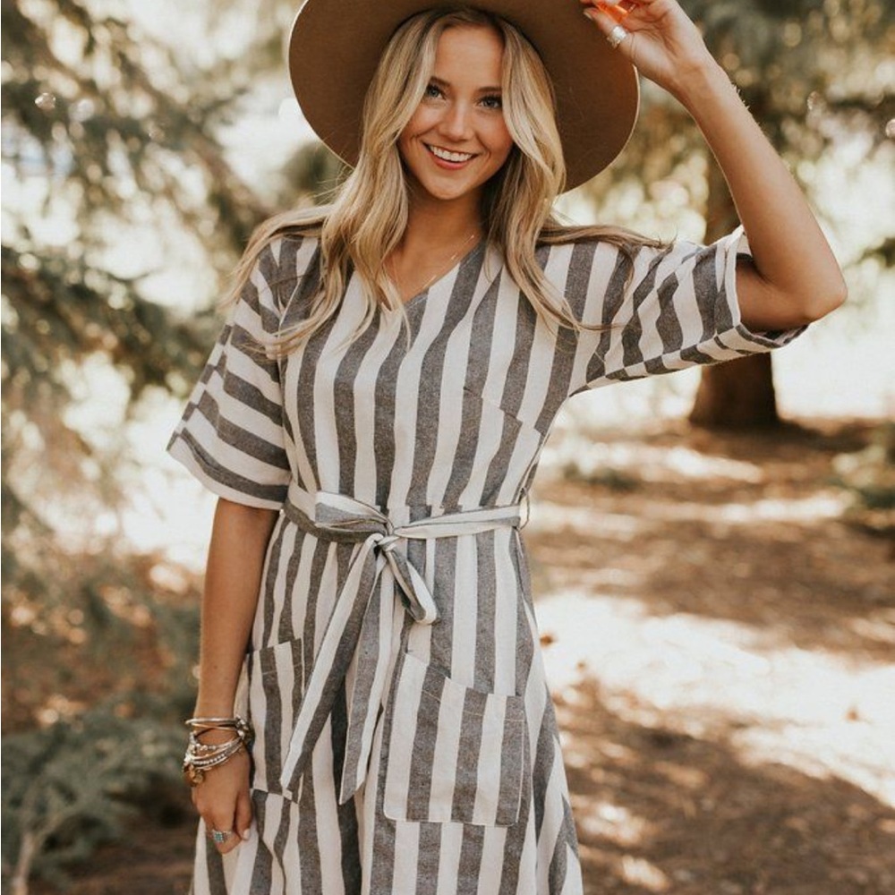 Roolee Gray and White Striped Midi Dress